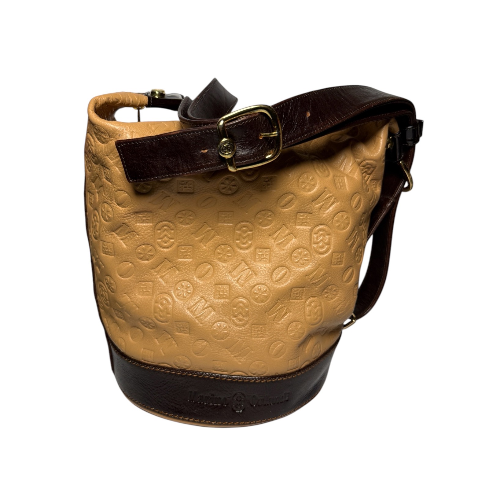 Marino Orlandi Vintage Italian Leather Bucket Bag Tan Embossed Monogram Y2k